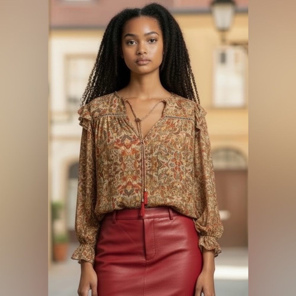 Anthropologie Love The Label Sheer Floral Peasant Blouse W/ Ruffle Sleeves